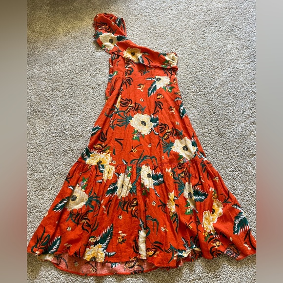 Urban Outfitters Carmen Linen One Shoulder Ruffle Midi Dress Orange S Floral - Picture 10 of 10